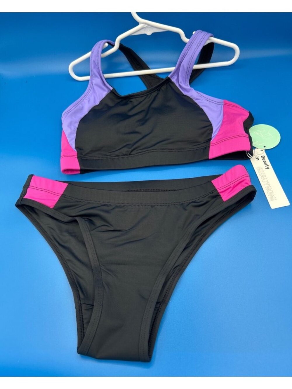 Girls Black with Pink & Purple Sporty Leakproof Bikini Set Swimsuit Size XS